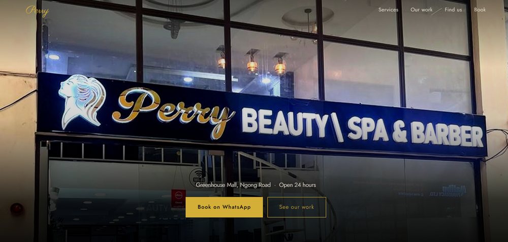 Perry Beauty, Spa & Barber website at Greenhouse Mall, Ngong Road, Nairobi, built by EPM Web Solutions
